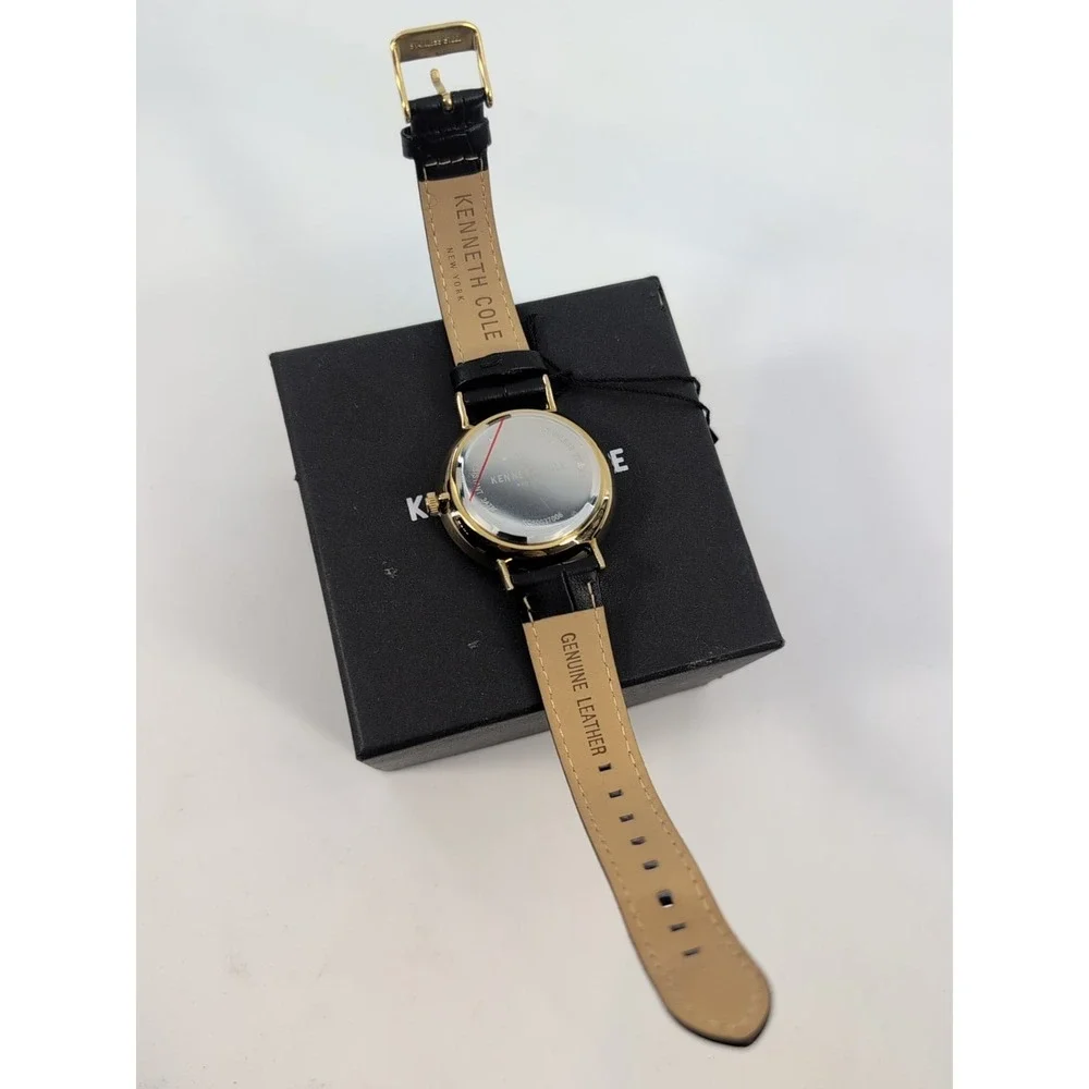 Kenneth Cole Watch Mens 40mm Gold Tone White‎ Dial Date Black Leather Strap READ